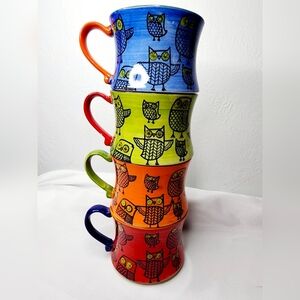 Pier 1 Vintage-Style Stacking 4 Mugs Owl Design With Wire Rack
